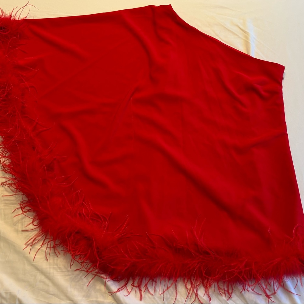 Antonio Melani Cosima One Sleeve Asymmetrical Neckline Feather Trim Dress